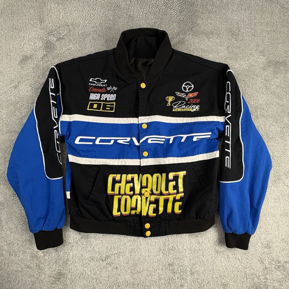 Y2K Corvette Racing 2006 High Speed Varsity Bomber Jacket Black Blue Men Small